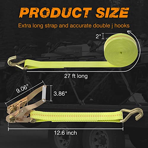 Autofonder Ratchet Tie Down Strap - 2 Pack 2" x 27' Heavy Duty Ratchet Straps with Aluminum Handle, Cargo Straps for Moving Appliances, Lawn Equipment, Motorcycle in a Truck Yellow - Image 2
