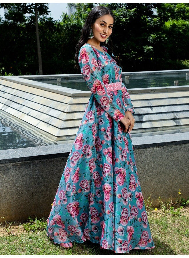 AKS Blue & Pink Floral Printed Flared Maxi With Mirror Work Belt  - Image 3