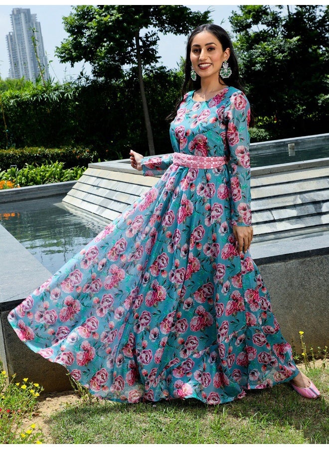AKS Blue & Pink Floral Printed Flared Maxi With Mirror Work Belt  - Image 1