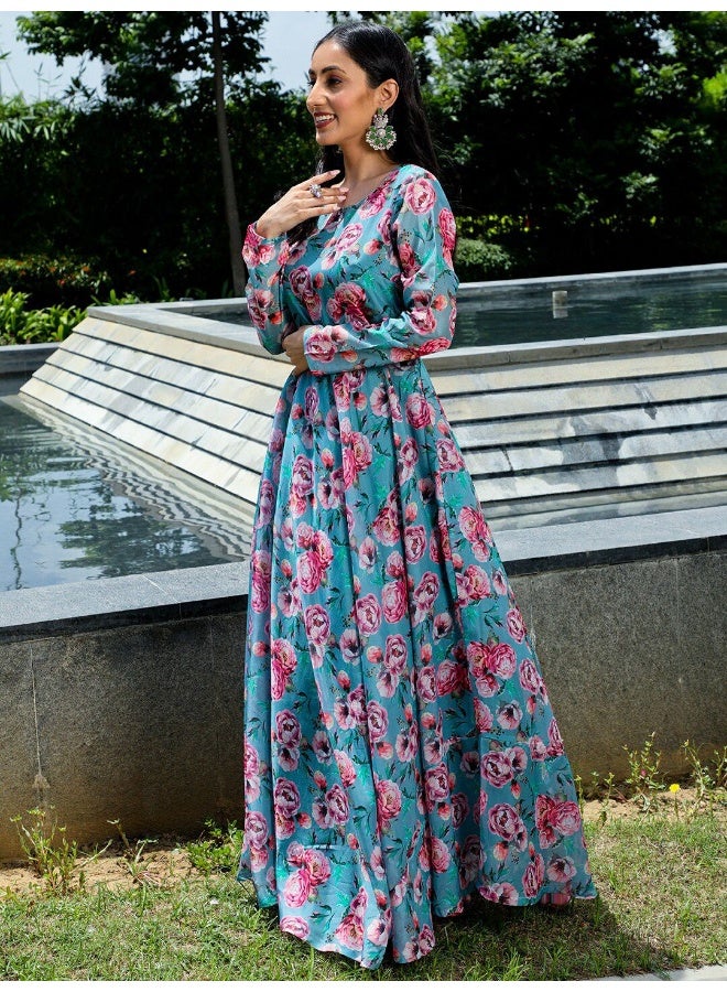 AKS Blue & Pink Floral Printed Flared Maxi With Mirror Work Belt  - Image 5