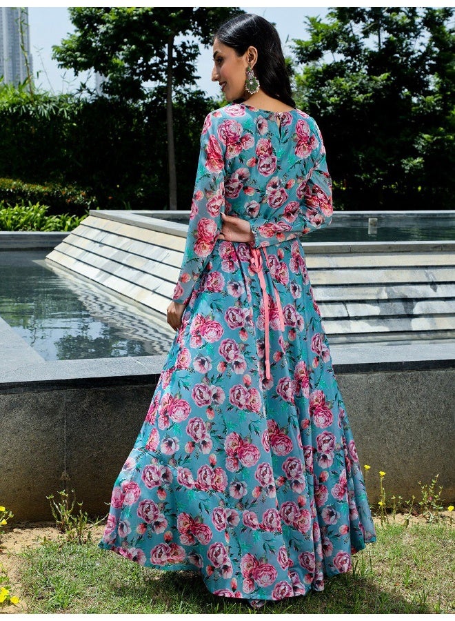 AKS Blue & Pink Floral Printed Flared Maxi With Mirror Work Belt  - Image 4