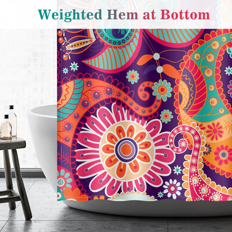 Aimego Boho Paisley Floral Shower Curtains - Mandala Indian Bohemian Colorful Flowers Bath Shower Curtain Set with 12 Hooks for Adults Kids Bathroom Decor Accessories, 72"x72" - Image 5