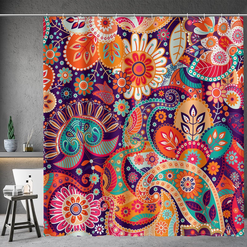 Aimego Boho Paisley Floral Shower Curtains - Mandala Indian Bohemian Colorful Flowers Bath Shower Curtain Set with 12 Hooks for Adults Kids Bathroom Decor Accessories, 72"x72" - Image 1