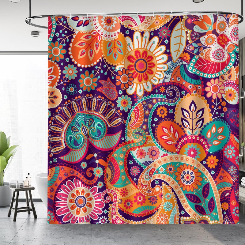 Aimego Boho Paisley Floral Shower Curtains - Mandala Indian Bohemian Colorful Flowers Bath Shower Curtain Set with 12 Hooks for Adults Kids Bathroom Decor Accessories, 72"x72" - Image 2