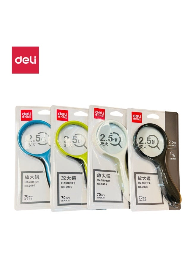 Deli 9093 Handheld Magnifying Glass 1 piece, random color – 2.5X Magnifier with 70mm Lens, Ergonomic Anti-Slip Handle for Reading, Hobbies & Inspection - Image 1