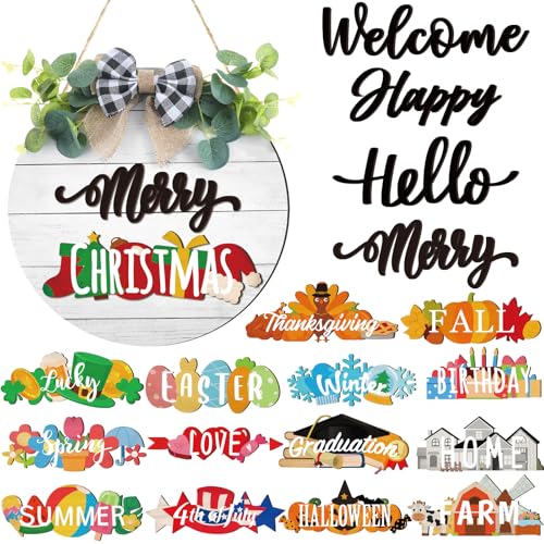 Burbell 20 Pcs Interchangeable Welcome Sign for Front Door with 4 Sign and 14 Changeable Icons Farmhouse Front Porch Decor Rustic Wooden Door Decor Outdoor Seasonal Welcome Decorations(White) - Image 1