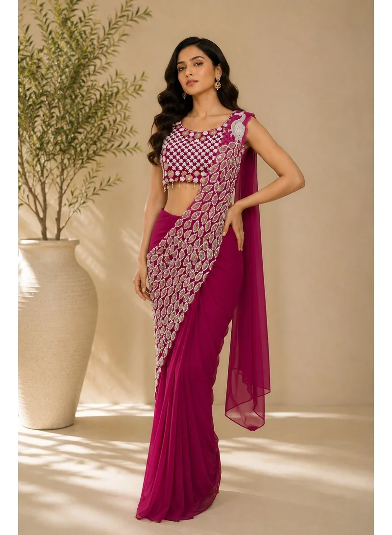 Lehar Pink Ready-to-Drape Saree with Hand Embroidered Mirror Work Blouse