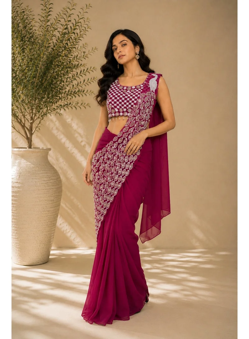 Lehar  Pink Ready-to-Drape Saree with Hand Embroidered Mirror Work Blouse for Women | Best Price UAE