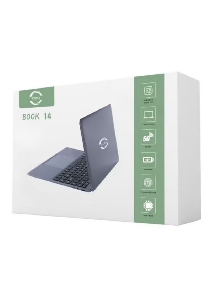 CORA Laptop 14 Inch Display, Thin and Lightweight, intel N4000 Processor/8GB RAM/256GB SSD/Intel HD Graphics /Windows 10/ English/Arabic Grey