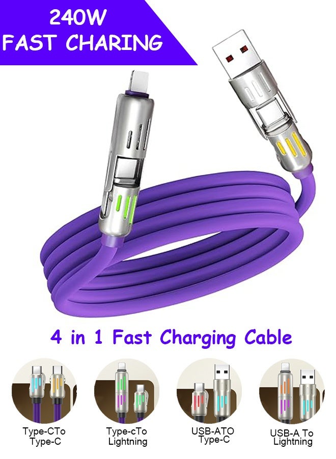 Gecomo 4 in 1 Multi Charging Cable, Rapid Series Fast Charging Cable, 240W 6A Mobile Charging Cable Type C PD 66W - 140W with Colored LED Lights (Purple) - Image 1