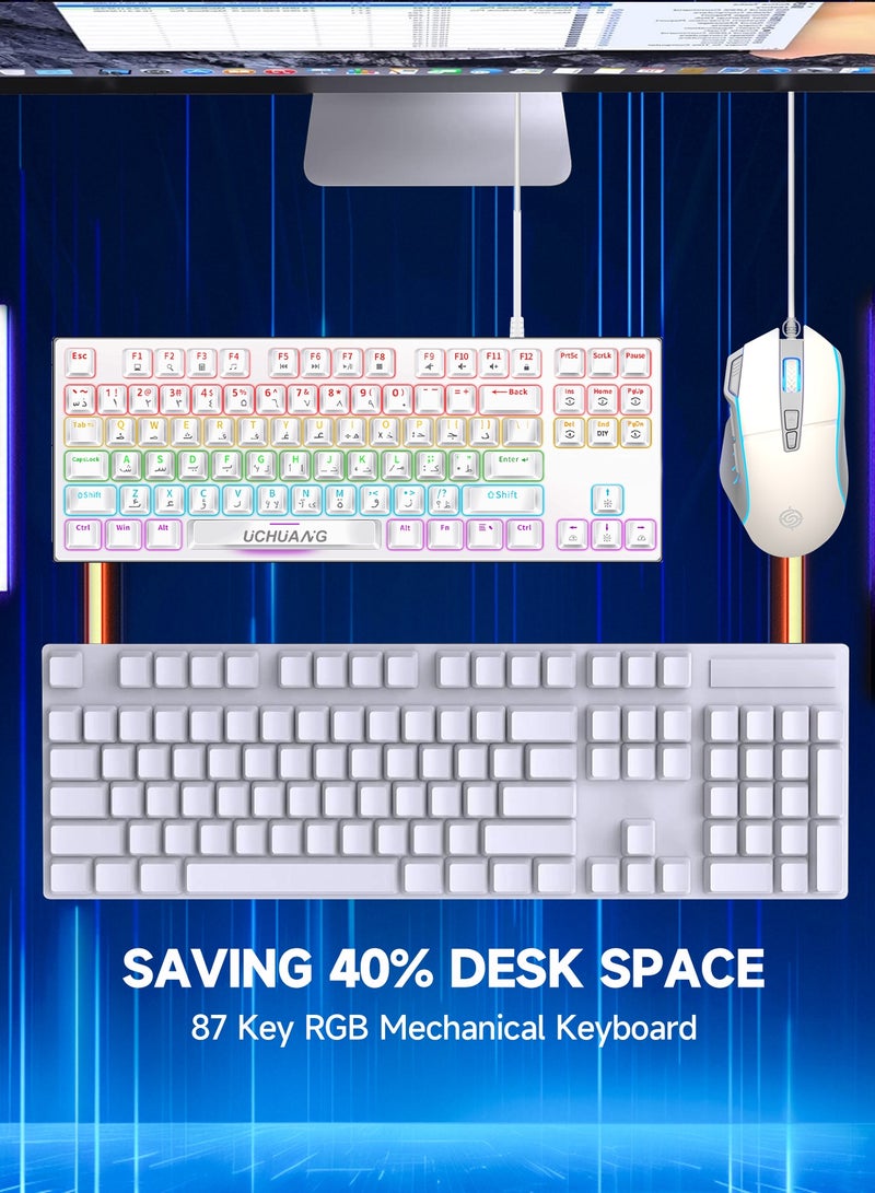 أوتشوانغ مجموعة لوحة مفاتيح ألعاب RGB إنجليزية عربية وماوس DPI، لوحة مفاتيح ميكانيكية 87 مفتاحًا بإضاءة خلفية LED، كيبورد قيمنق عربي مع ماوس 7 ألوان - أبيض - Image 3