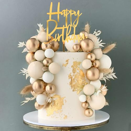 DRWATE Khaki Balls Cake Topper Boho Grass Cake topper Khaki White Gold Pearl Balls Happy Birthday Cake Decorations for Wedding Birthday Boho Themed Supplies Khaki - Image 1