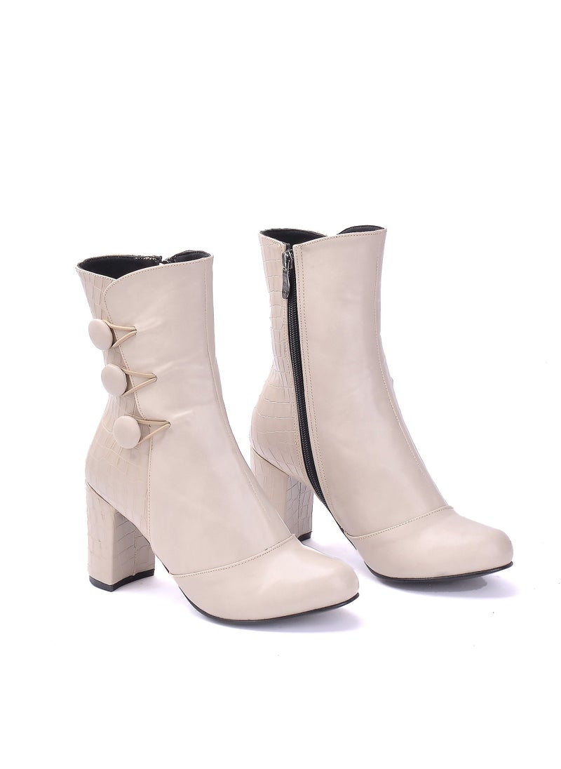 LIFESTYLISH Lifestylesh R-3 Zayer Ornament Leather Heeled Boots Stylish - Beige  - Image 2