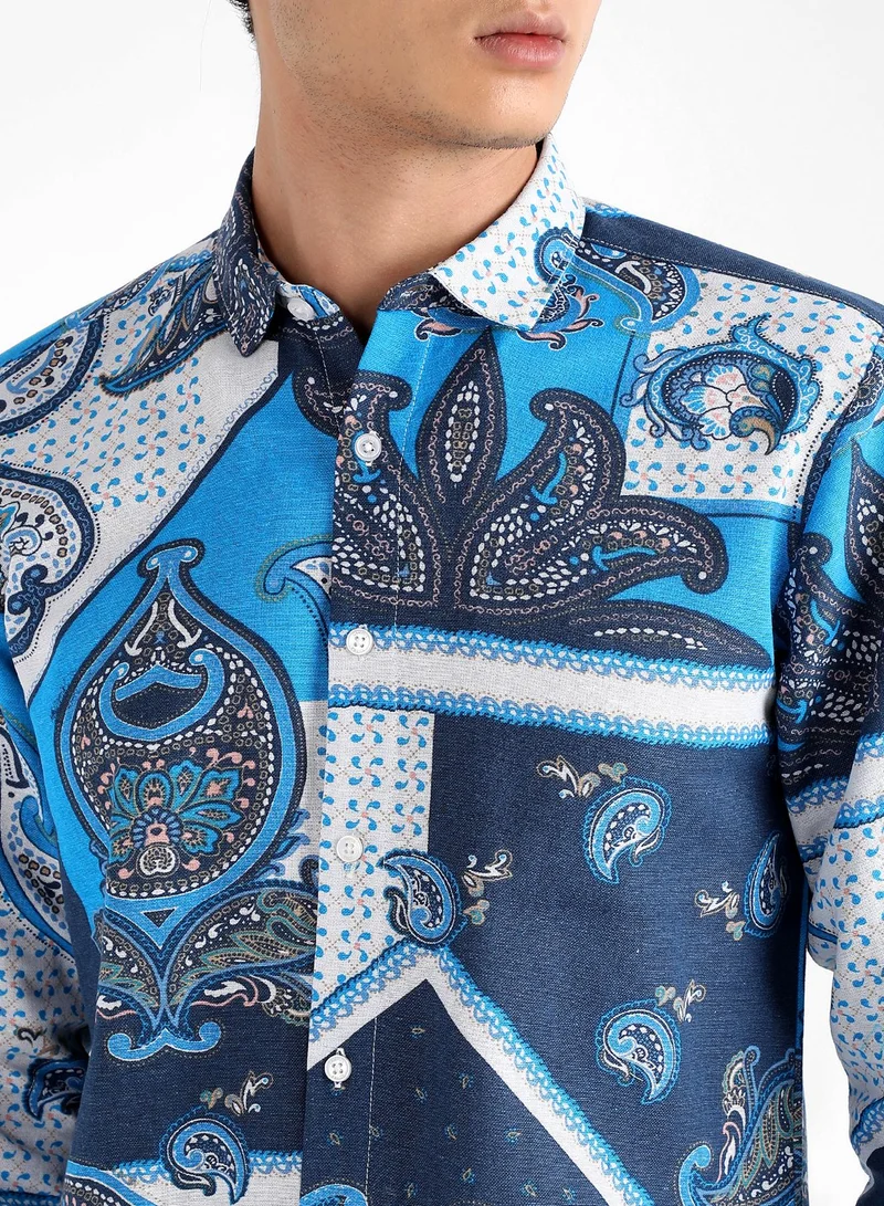 Campus Sutra Men's Blue Paisley Block Shirt