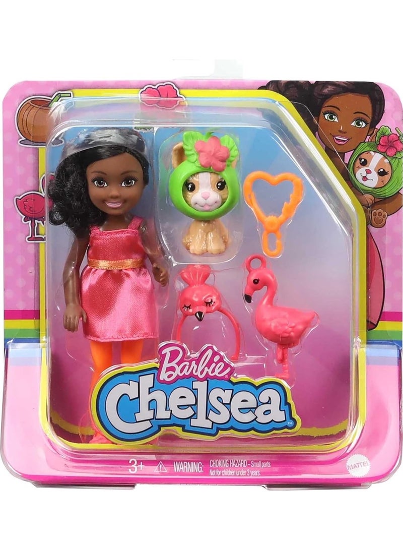 Barbie Club Chelsea Dress-Up Doll, 6-inch Brunette in Flamingo Costume, with Pet Kitten and Accessories, Gift for 3 to 7 Year Olds - Image 1