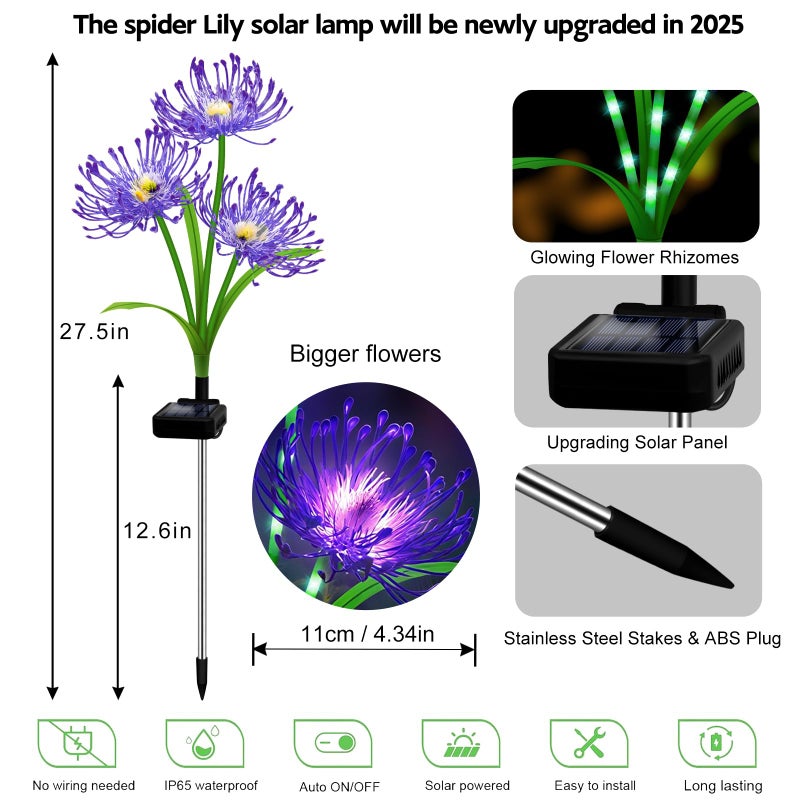 yulloyello Solar Garden Flower Lights Outdoor,4Pack Purple Spider Lily with Glowing Stems,Waterproof Yard&Patio Decorations,Solar Landscape Lights for Halloween &Gardening, for Women,Mothers,Grandma - Image 2