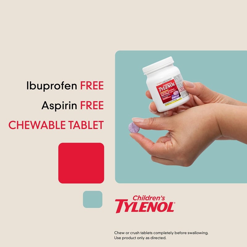 Tylenol أقراص مضغ للأطفال تحتوي على 160 ملغ من أسيتامينوفين مسكن للألم وخافض للحرارة للأطفال أعراض البرد والإنفلونزا صداع التهاب الحلق ألم الأسنان خالية من الأسبرين بنكهة العنب 24 حبة - Image 3