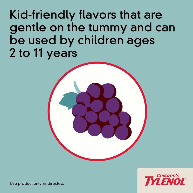 Tylenol أقراص مضغ للأطفال تحتوي على 160 ملغ من أسيتامينوفين مسكن للألم وخافض للحرارة للأطفال أعراض البرد والإنفلونزا صداع التهاب الحلق ألم الأسنان خالية من الأسبرين بنكهة العنب 24 حبة - Image 5