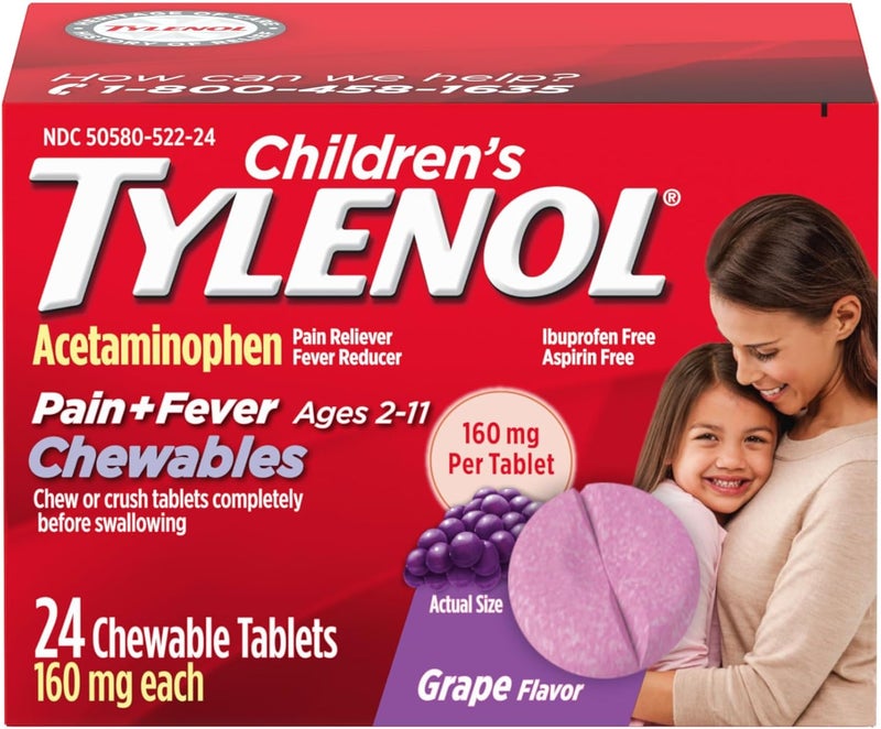 Tylenol أقراص مضغ للأطفال تحتوي على 160 ملغ من أسيتامينوفين مسكن للألم وخافض للحرارة للأطفال أعراض البرد والإنفلونزا صداع التهاب الحلق ألم الأسنان خالية من الأسبرين بنكهة العنب 24 حبة - Image 1