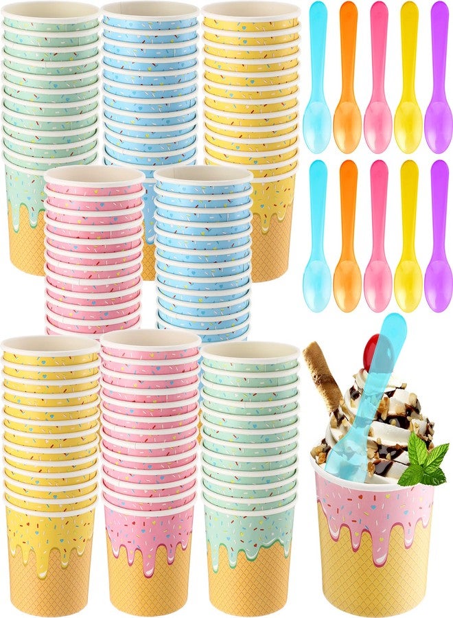 Ninehaoou 100 Pcs Ice Cream Cups with Spoons Paper Dessert Cups Colorful Sundae Bowls Disposable Ice Cream Containers for Hot Soup Spring Summer Graduation Bar Party Supplies (4 oz) - Image 1