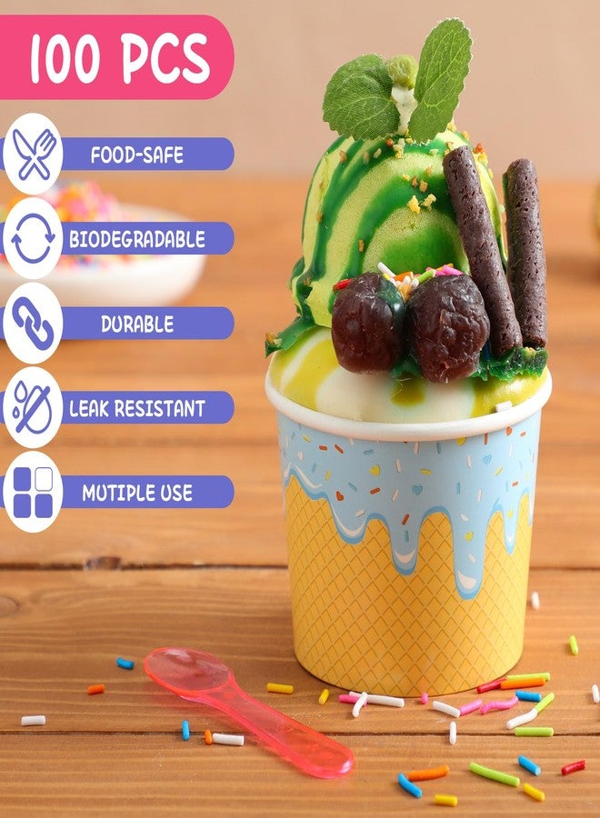 Ninehaoou 100 Pcs Ice Cream Cups with Spoons Paper Dessert Cups Colorful Sundae Bowls Disposable Ice Cream Containers for Hot Soup Spring Summer Graduation Bar Party Supplies (4 oz) - Image 5