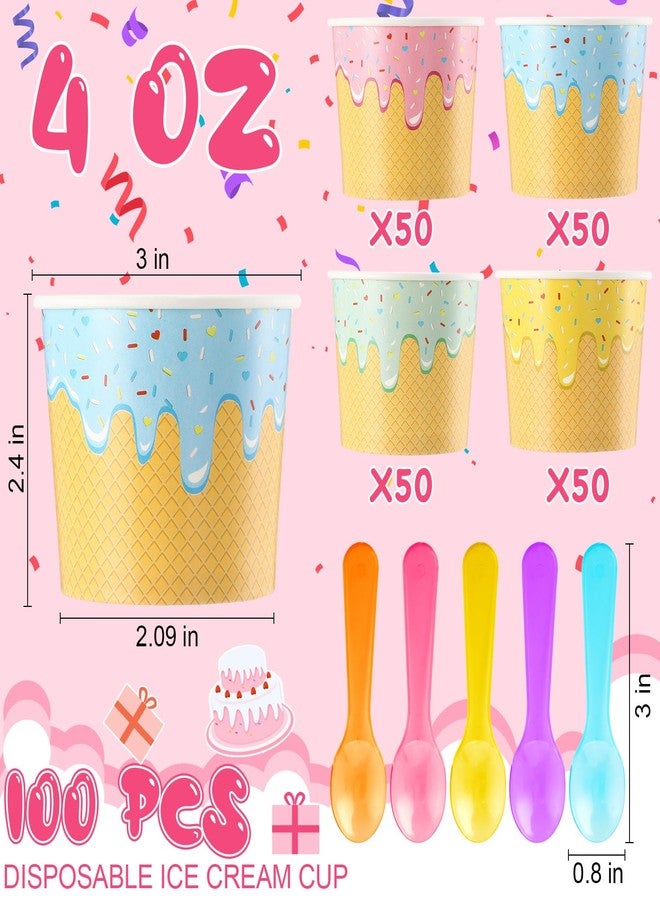 Ninehaoou 100 Pcs Ice Cream Cups with Spoons Paper Dessert Cups Colorful Sundae Bowls Disposable Ice Cream Containers for Hot Soup Spring Summer Graduation Bar Party Supplies (4 oz) - Image 3