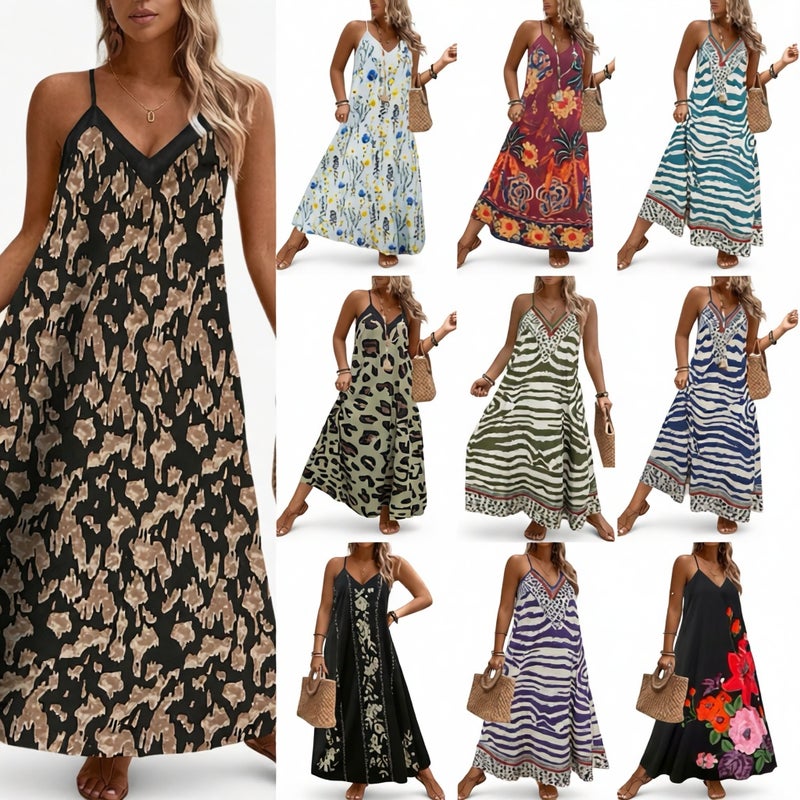 Women's V-Neck Sleeveless Printed Beach Dress - Image 1