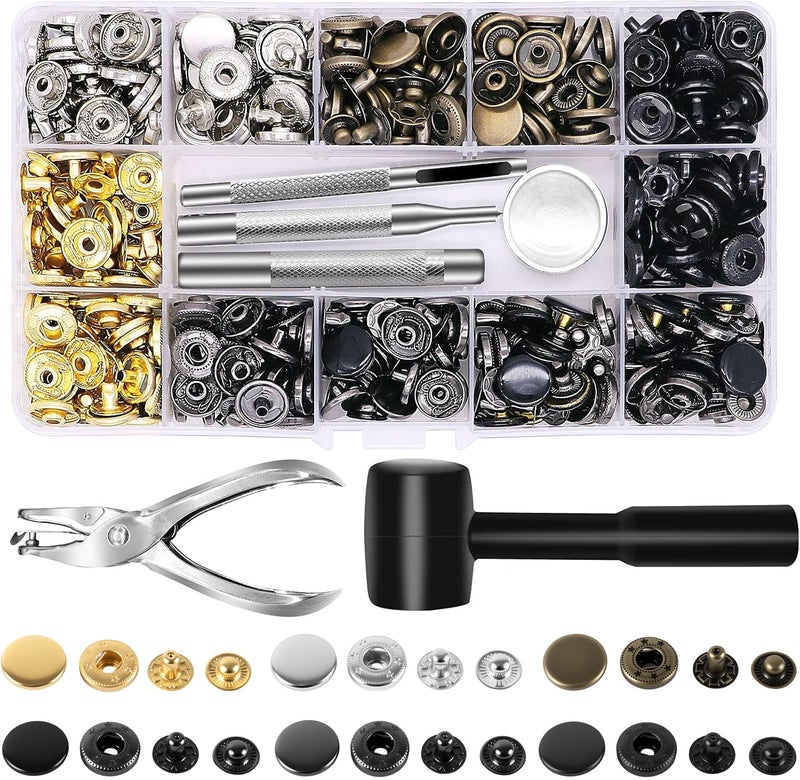 Alritz 120 Sets Leather Snap Fasteners Kit with Hammer Puncher, 12.5mm Metal Button Snaps Press Studs with 4 Setter Tools for Clothes, Jackets, Jeans Wears, Bracelets, Bags - Image 1