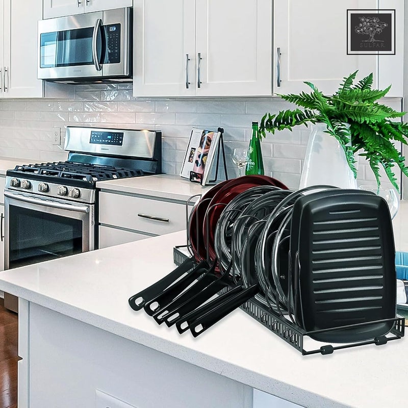 Sulfar Expandable Pot and Pan Organizer for Cabinet | Adjustable Rack with 10 Dividers | Cookware, Lid, Bakeware and Pan Storage for Kitchen or Pantry | Bronze | 1 pc - Image 2