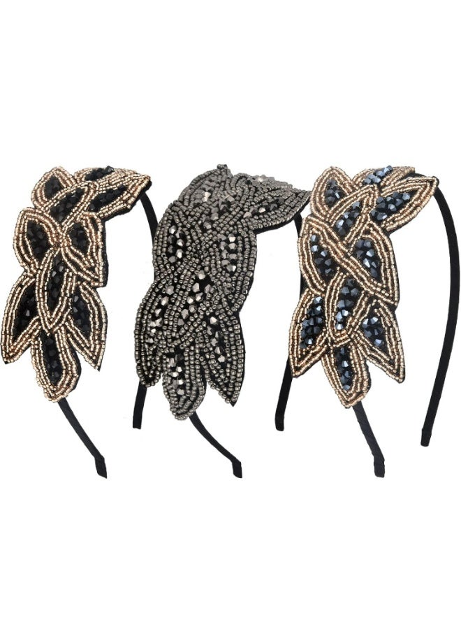 سيوسي 3 قطع من عصابات راس فلابر للنساء بنمط العشرينيات بتصميم فينتاج مرصع باحجار الراين واوراق الشجر، اكسسوارات للشعر - Image 1