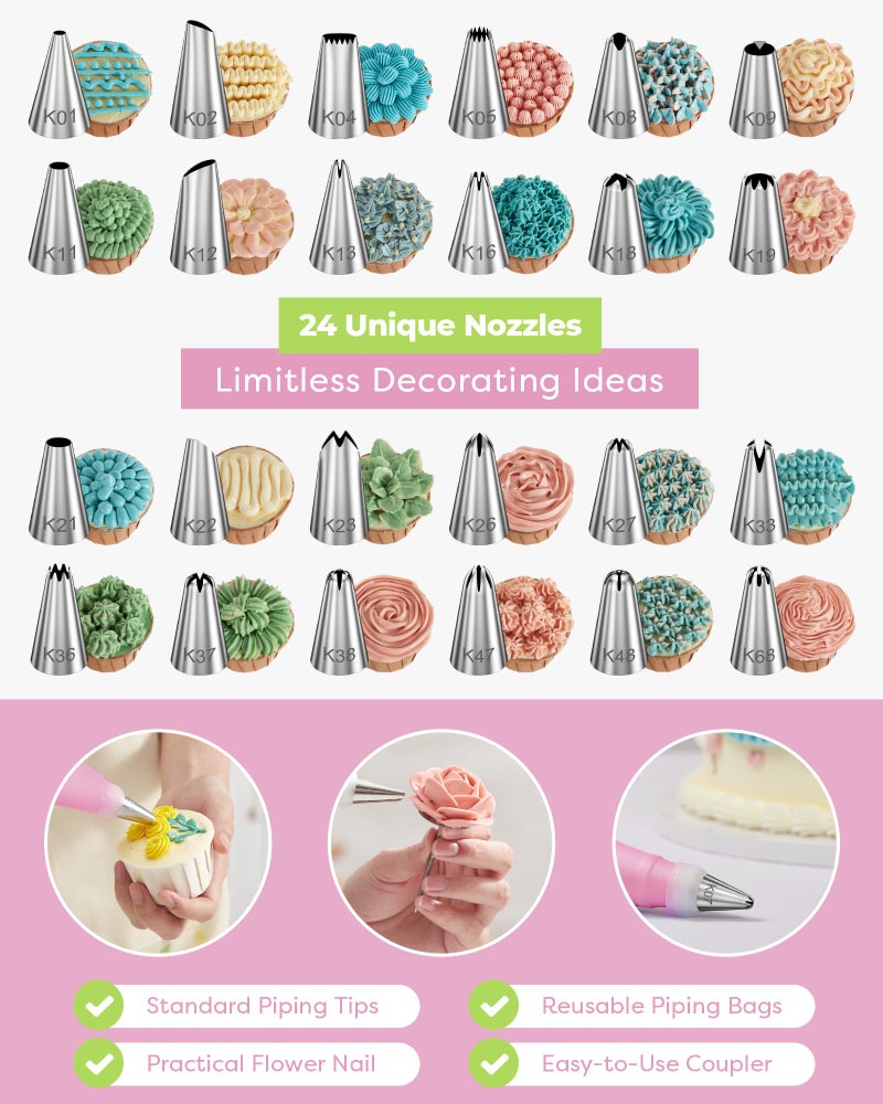 Kootek 32-Piece Piping Bags and Tips Set with 24 Icing Piping Tips, 2 Reusable Pastry Bags 12 Inch, Reusable Piping Icing Bags and Tips, Cake Decorating Kit for Frosting Cookie, Cupcake - Image 2