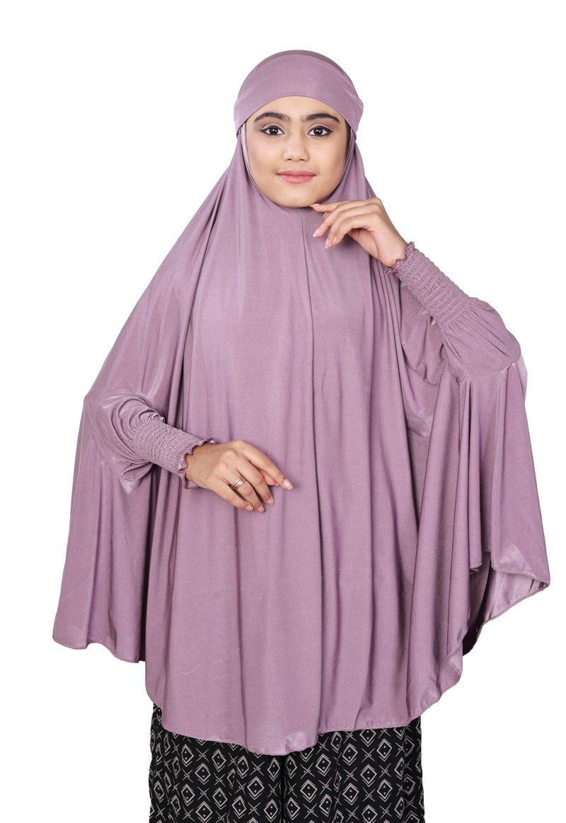ICW Girls' Prayer Polyknit Jersey Islamic Long-Sleeves with Smocking Jilbab Khimar MakhanaHijab For Kids (Purple, 8-15 Years (40 inch Length)) - Image 1