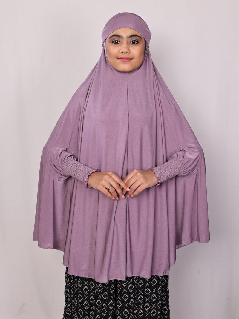 ICW Girls' Prayer Polyknit Jersey Islamic Long-Sleeves with Smocking Jilbab Khimar MakhanaHijab For Kids (Purple, 8-15 Years (40 inch Length)) - Image 4