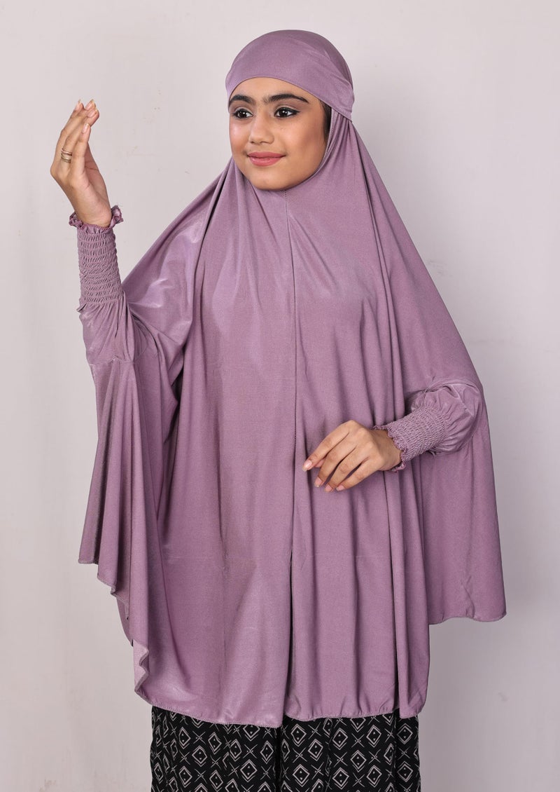 ICW Girls' Prayer Polyknit Jersey Islamic Long-Sleeves with Smocking Jilbab Khimar MakhanaHijab For Kids (Purple, 8-15 Years (40 inch Length)) - Image 3