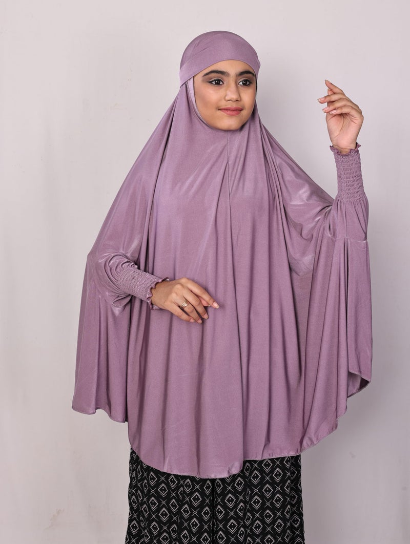 ICW Girls' Prayer Polyknit Jersey Islamic Long-Sleeves with Smocking Jilbab Khimar MakhanaHijab For Kids (Purple, 8-15 Years (40 inch Length)) - Image 2