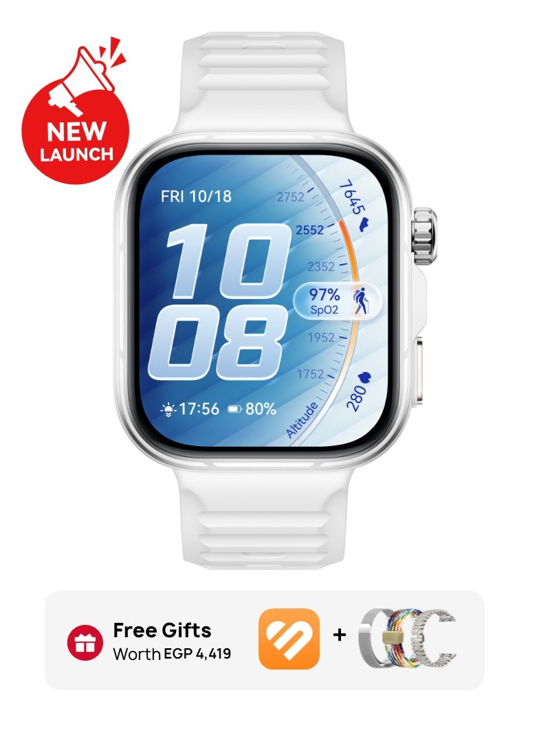 هواوي ساعة HUAWEI WATCH FIT 5 Pro الذكية، شاشة FullView بحجم 44.5 مم، متوافقة مع iOS و Android، عمر بطارية يصل إلى 10 أيام، إدارة الصحة، مراقبة النوم والقلب، ECG، NFC، تمارين صغيرة، بيضاء مع حزام بديل مجاني 3 نسائي - Image 1