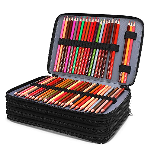 Vomgomfom 200 Slots Pencil Bag, 4-Layer Zipper Portable Art Supply Organizer, PU Leather Large Capacity Colored Pencil Case with Handle for 200 Watercolor Pens, Gel Pens (Black) - Image 4