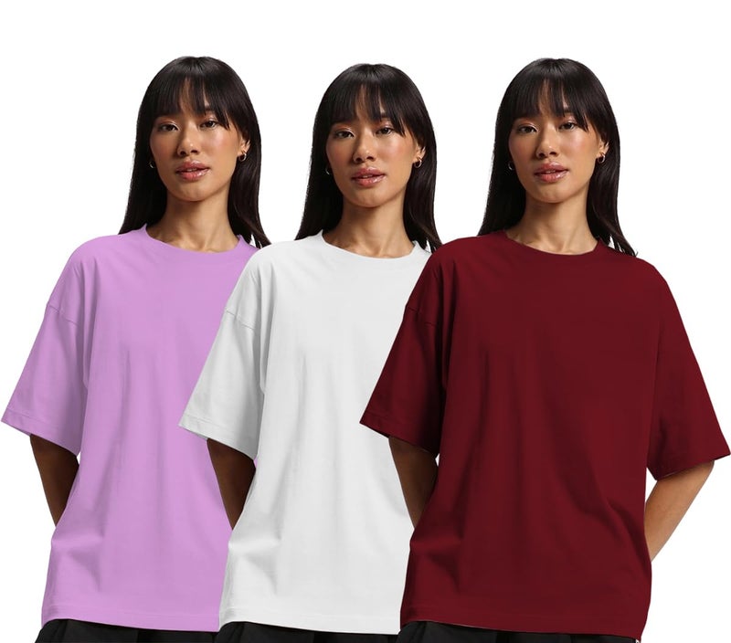 JUNEBERRY® Pure Cotton Drop Shoulder Oversized Baggy Fit Half Sleeve Plain Solid Round Neck Multicolor T-Shirt for Women & Girls (Pack of 3) (PO3_OS_J_MR_LC_WT_L) - Image 1