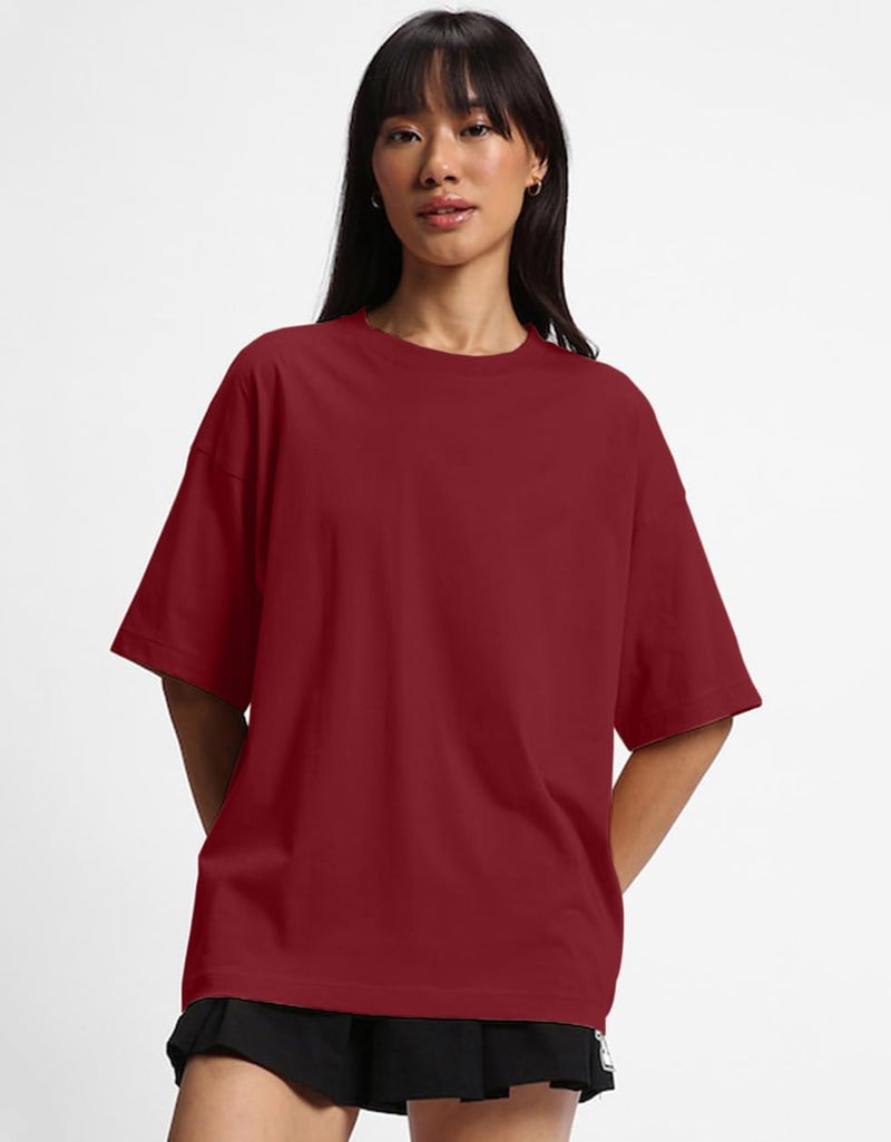 JUNEBERRY® Pure Cotton Drop Shoulder Oversized Baggy Fit Half Sleeve Plain Solid Round Neck Multicolor T-Shirt for Women & Girls (Pack of 3) (PO3_OS_J_MR_LC_WT_L) - Image 4