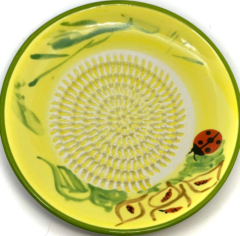 BonCera, All-in-one Premium Ceramic Garlic Grater Plate 4-Piece Set - Ladybug Design, Classic Style - For Garlic, Ginger, Chocolate, and more! - Comes with 5.25" Plate, Peeler, Brush, and Stand - Image 2