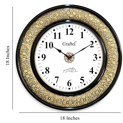CRAFTEL Heavy Embossed Black Polished Dial Wall Clock for Home Living Room, Bedroom | Handcrafted Large Round Shape Antique Style Diwar Ghadi, Clock with English Numbers (Gold, Black, 18 x 18 inch) - Image 3