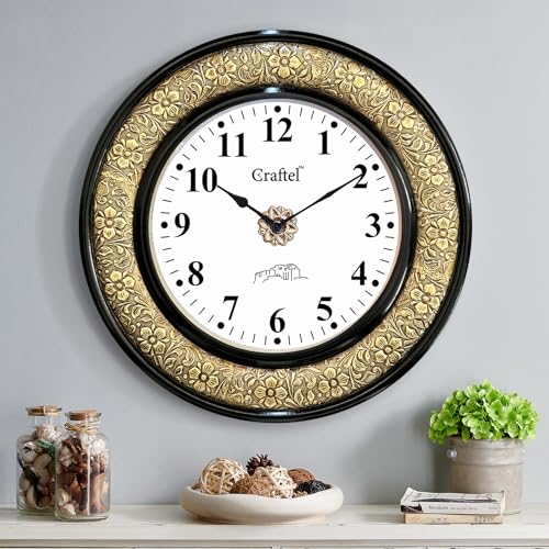 CRAFTEL Heavy Embossed Black Polished Dial Wall Clock for Home Living Room, Bedroom | Handcrafted Large Round Shape Antique Style Diwar Ghadi, Clock with English Numbers (Gold, Black, 18 x 18 inch) - Image 1