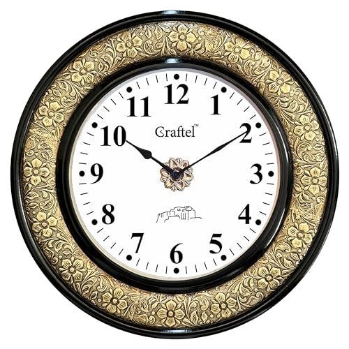 CRAFTEL Heavy Embossed Black Polished Dial Wall Clock for Home Living Room, Bedroom | Handcrafted Large Round Shape Antique Style Diwar Ghadi, Clock with English Numbers (Gold, Black, 18 x 18 inch) - Image 2