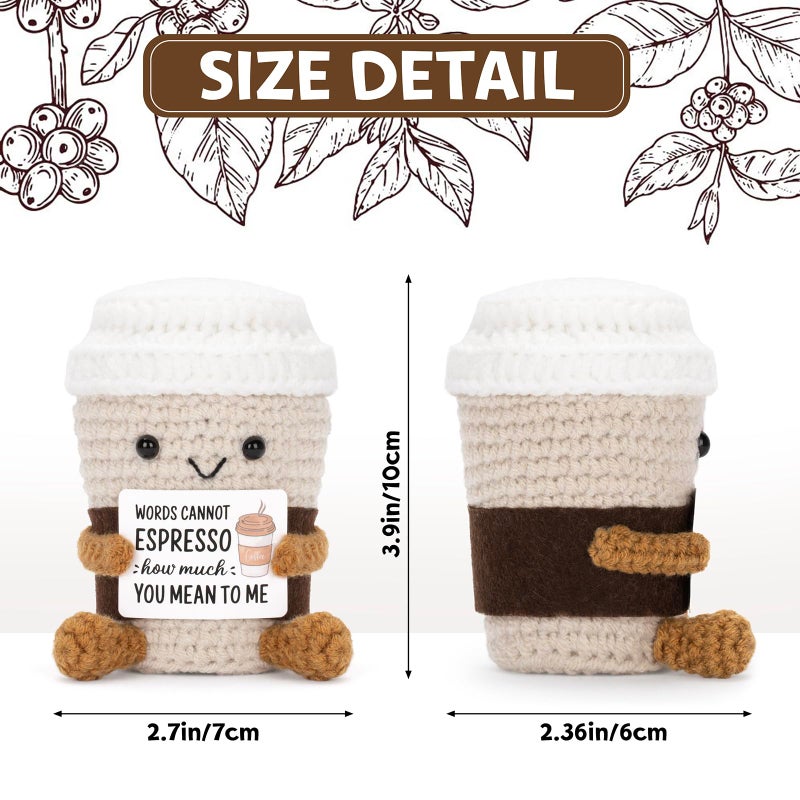 A AIFAMY Funny Positive Coffee, Emotional Crochet Doll, Cute Crochet Potato Partner Toy with Positive Card Cheer Up Funny Gag Gifts for Best Friend Birthday Women Teacher Fallï¼ˆCoffee - Image 3