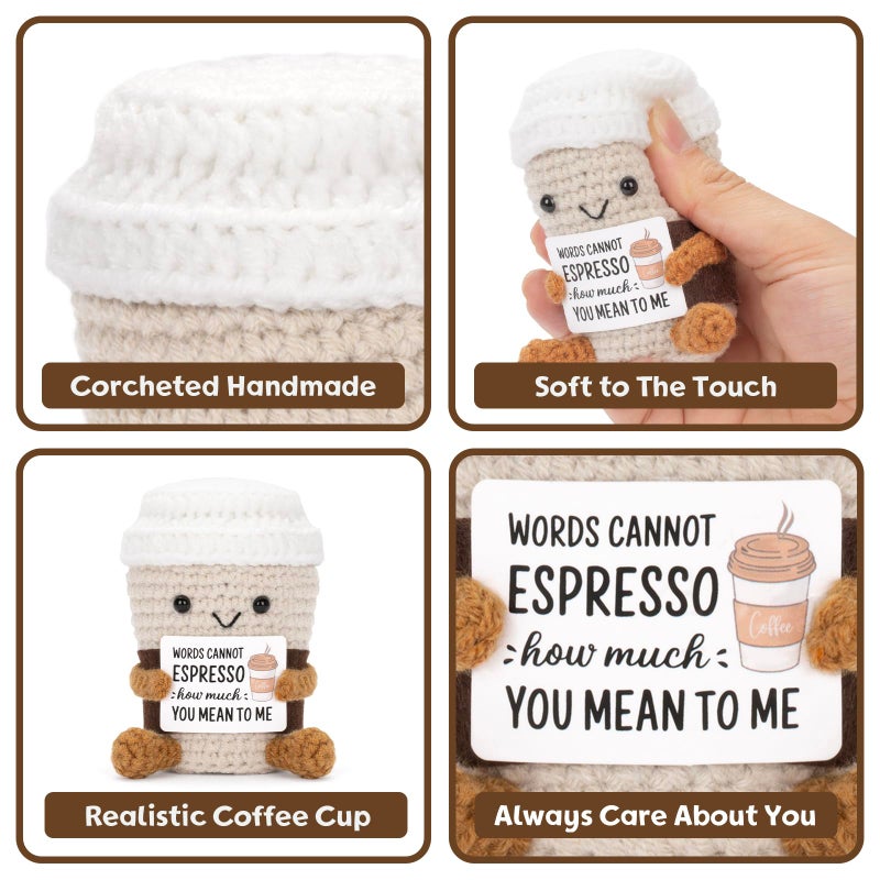 A AIFAMY Funny Positive Coffee, Emotional Crochet Doll, Cute Crochet Potato Partner Toy with Positive Card Cheer Up Funny Gag Gifts for Best Friend Birthday Women Teacher Fallï¼ˆCoffee - Image 4