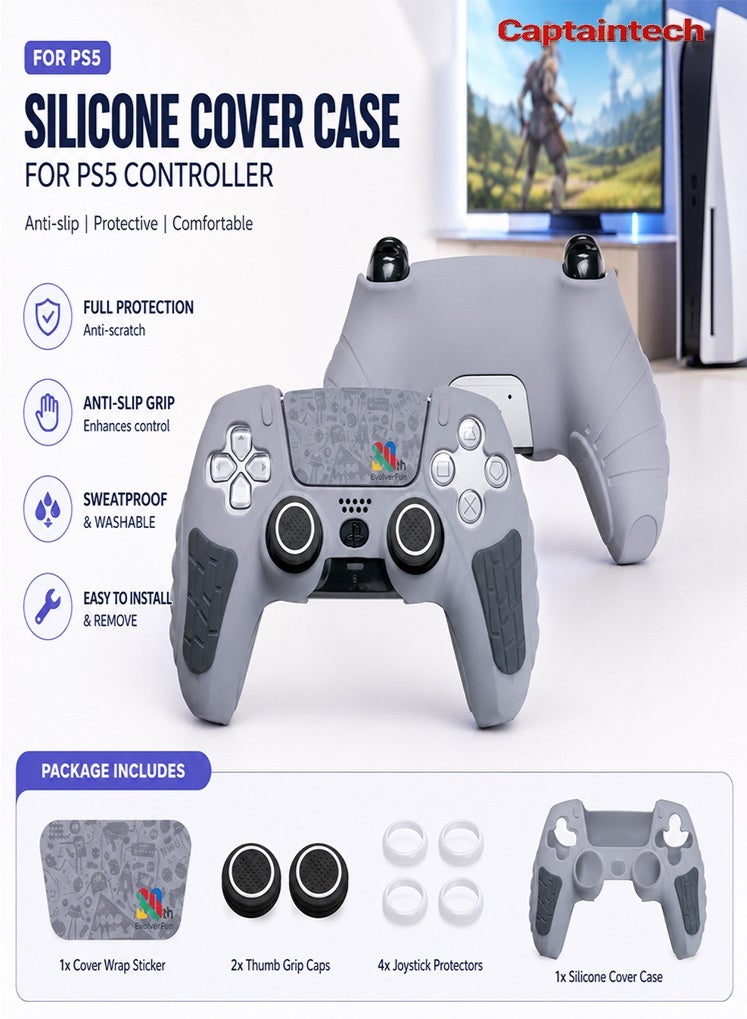 Captaintech Ergonomic Non-Slip Silicone Controller Cover for PlayStation 5 DualSense - Includes Joystick Thumb Grips u0026 Protective Skin Wrap - Image 1