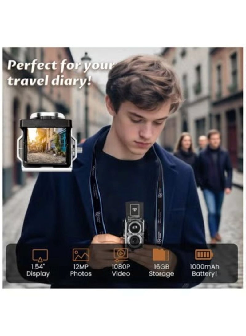 Generic Vintage Mini Digital Camera, Portable TLR Style Retro Point and Shoot Compact Small Pocket 1080P FHD Video 12MP Autofocus Vlogging Camera with 16 GB Card for Beginners Teens Adults Kids Black - Image 2