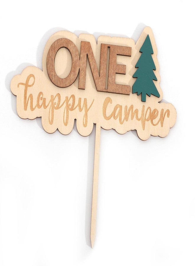 UOAOU One Happy Camper Cake Topper - Camping Birthday Party Decoration, Camping Theme Wooden Cake Topper, Woodland First Birthday Decoration, National Park Theme Party Smash Cake - Image 1