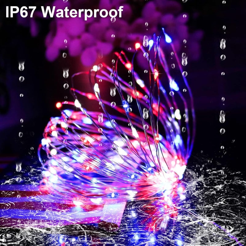 YAOZHOU 4th of July Patriotic Decorations,Red White Blue Solar Fairy String Lights Outdoor Waterproof, 2Pack Total 200LED 66Ft,IP67 8 Modes Outside Memorial Day for Garden,Patio, Yard - Image 3