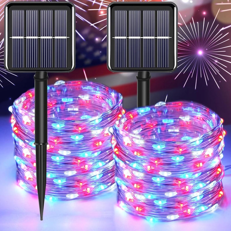 YAOZHOU 4th of July Patriotic Decorations,Red White Blue Solar Fairy String Lights Outdoor Waterproof, 2Pack Total 200LED 66Ft,IP67 8 Modes Outside Memorial Day for Garden,Patio, Yard - Image 1